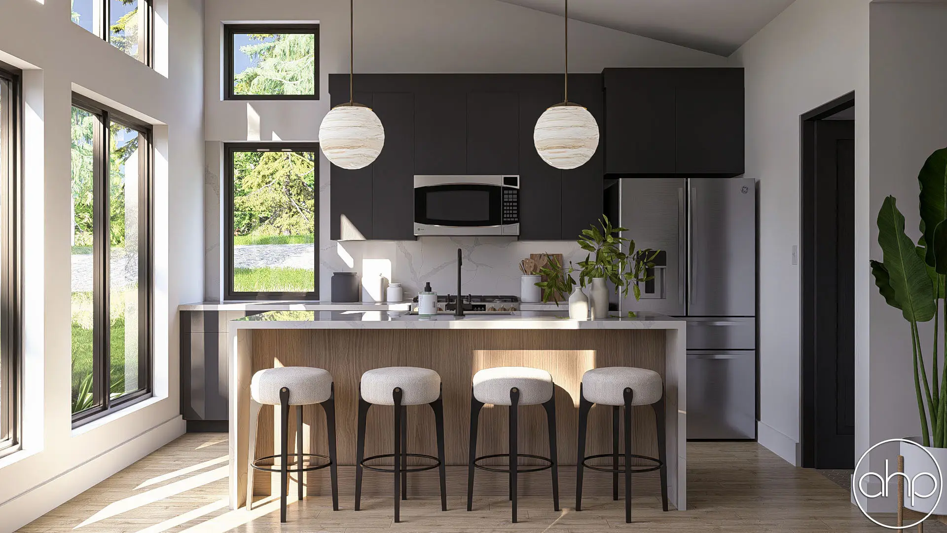 Modern kitchen by a custom home builder in Prescott AZ with island seating and tall windows