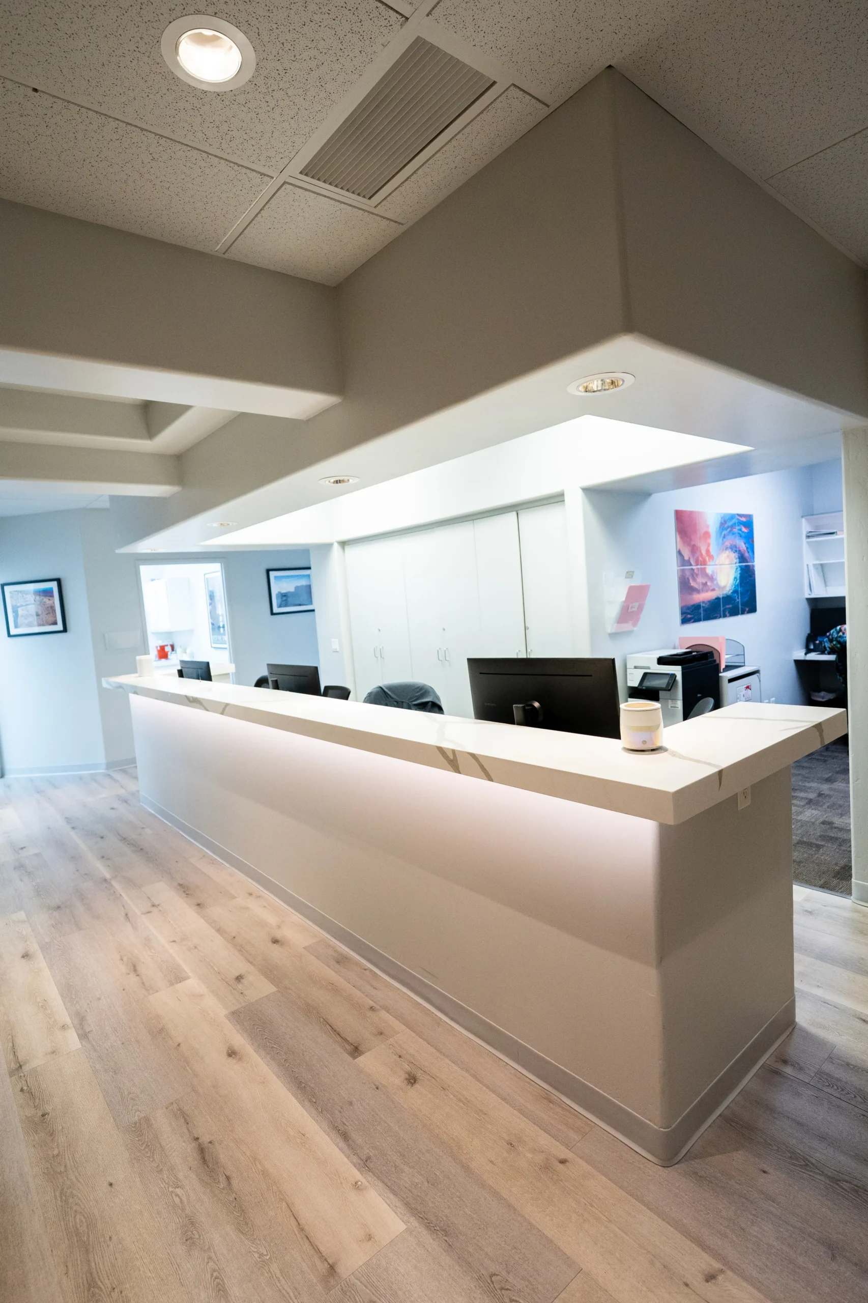 Commercial Reception Desk Prescott AZ Reception desk built by a custom home builder in Prescott AZ for a commercial office renovation